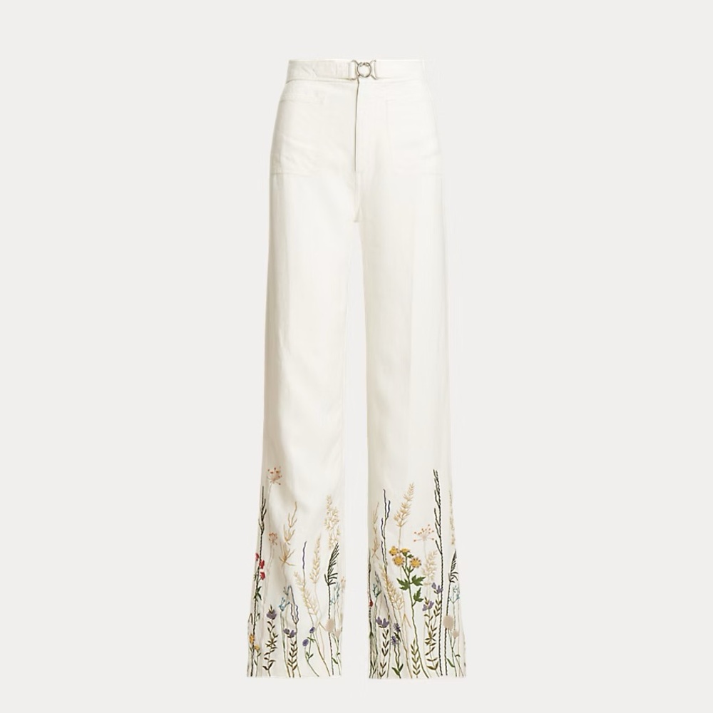 NEW Polo Ralph Lauren 100% White Wide Leg High Waist Floral Embroidered Pants